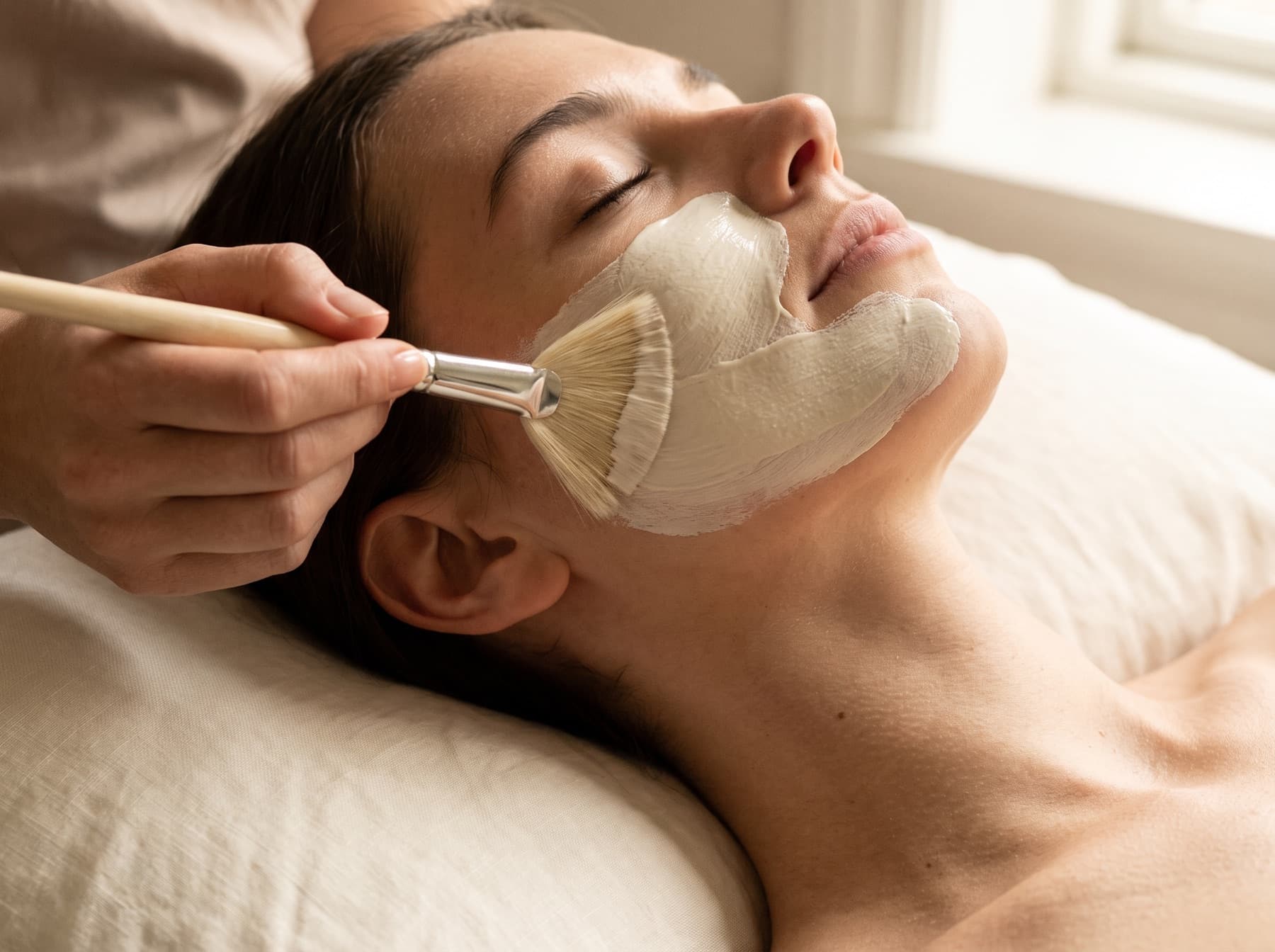 An esthetician sweeping a soft fan brush to apply a pale clay facial mask across a reclining client's cheek.